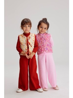 Lolli Boom Kids  Kapitone Yelekli Triko Balıkçı Yaka Body Ve Triko Pantolon 3 Parçalı Alt Üst Takım / Set Kırmızı Renk