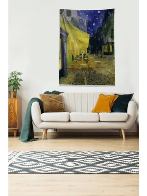 Mediterian Renkli Van Gogh Oturanlar Kadife Duvar Örtüsü, 100×140, Sarı-Lacivert