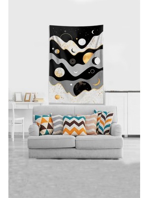 Mediterian Gri-siyah kadife duvar örtüsü, hilal ve ay desenli, 100x140 cm, dikdörtgen şekil