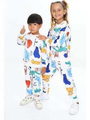 Lolli Boom Kids  Yumuşak Dokulu 2 Iplik Orman Canlıları Karakter Baskılı Alt Üst Eşofman Takımı / Unisex Açık Renk