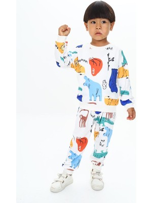 Lolli Boom Kids  Yumuşak Dokulu 2 Iplik Orman Canlıları Karakter Baskılı Alt Üst Eşofman Takımı / Unisex Açık Renk