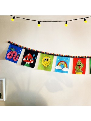 Mediterian Renkli Püsküllü Kumaş Bayraklar, Doğa Temalı, 180cm, Gökkuşağı ve Pop Art Tarzında