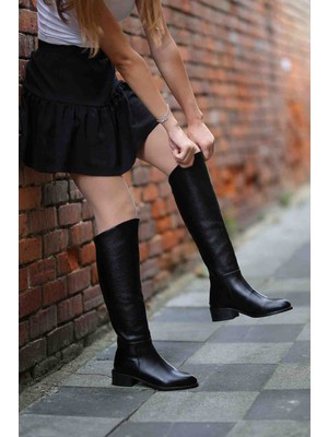 En Cici Moda Lizbon Gerçek Deri Arkadan Fermuarlı Siyah Çizme
