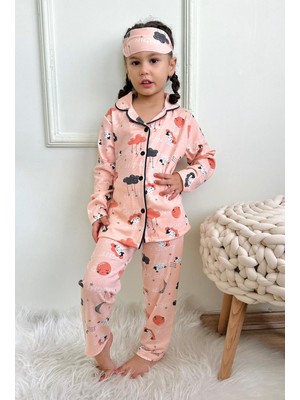 Lolliboom Kids Kız Çocuk Kuzu Bulut Ay Figür Baskı Desenli Somon Düğmeli Pijama Takımı