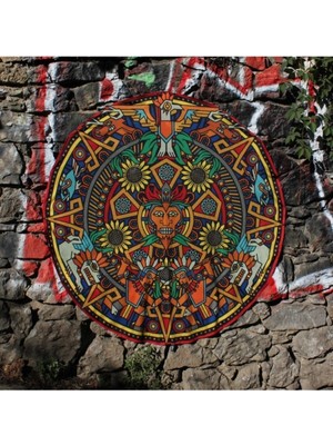 Mediterian Etnik Yuvarlak Duvar Örtüsü 150x150 Beyaz, Renkli ve Şık Dekorasyon Parçası