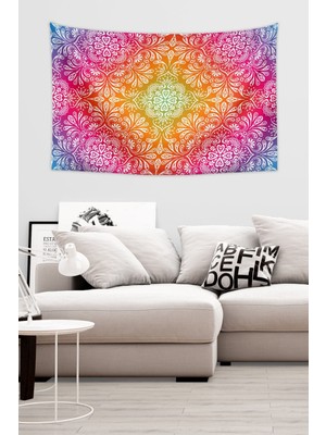Mediterian Renkli Mandala Duvar Örtüsü Halısı, 150x100 cm, lacivert dikdörtgen tasarım