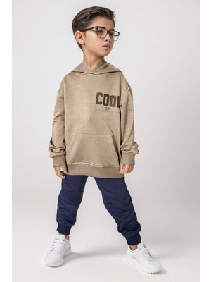 Riccotarz Erkek Çocuk Cool Boy Çift Baskılı Cepli Kapüşonlu Bej Sweatshirt Eşofman Takım