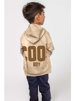 Riccotarz Erkek Çocuk Cool Boy Çift Baskılı Cepli Kapüşonlu Bej Sweatshirt Eşofman Takım