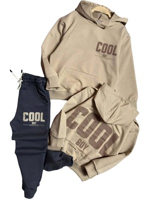 Riccotarz Erkek Çocuk Cool Boy Çift Baskılı Cepli Kapüşonlu Bej Sweatshirt Eşofman Takım