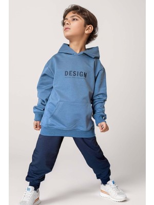 Riccotarz Erkek Çocuk Sırt Baskılı Design Kapüşonlu Sweatshirt Likralı Lacivert Eşofman Takım