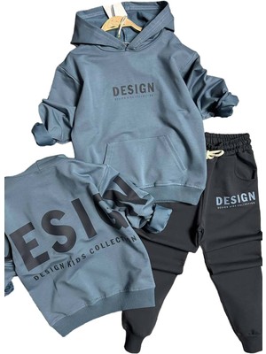 Riccotarz Erkek Çocuk Sırt Baskılı Design Kapüşonlu Sweatshirt Likralı Lacivert Eşofman Takım