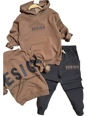 Riccotarz Erkek Çocuk Sırt Baskılı Design Kapüşonlu Sweatshirt Likralı Kahverengi Eşofman Takım