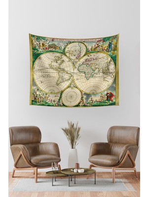 Mediterian Antik Dünya 1670 Disk Haritası Duvar Halısı 70x90 cm, Sarı, Dikdörtgen şekil