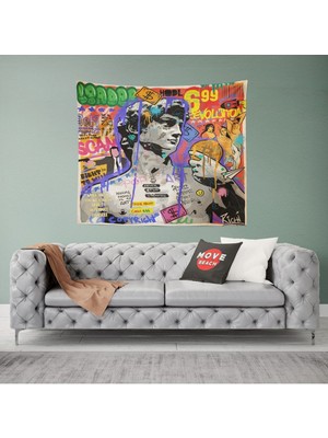 Mediterian Renkli Desenli Kare Kumaş Duvar Örtüsü, 140x140 cm, şık ve modern dekorasyon için.