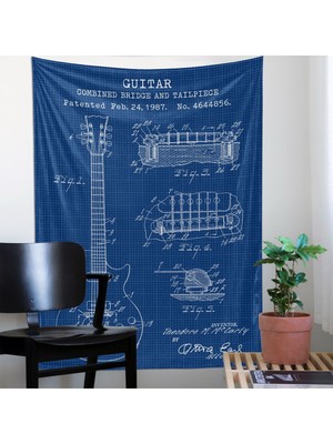 Mediterian Mavi Gitar Desenli Duvar Örtüsü, Müzik Temalı Dekorasyon, 135x100 cm