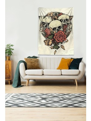 Mediterian Bej ve pembe renklerde, kuru kafa desenli, leke tutmaz kadife duvar örtüsü 140x230