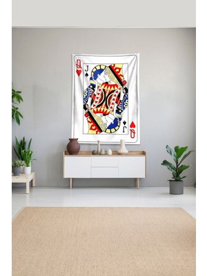 Mediterian Çok Renkli Joker ve Queen Iskambil Desenli Kadife Duvar Örtüsü 140x140