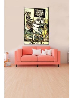 Mediterian Bej Tarot Kartı Duvar Örtüsü, Kadife Kumaş, 100x140 cm, Sarı-Siyah renk