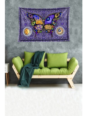 Mediterian Kare Kadife Duvar Örtüsü, 140x140, Lacivert-Turuncu, Astrolojili, Leke Tutmaz