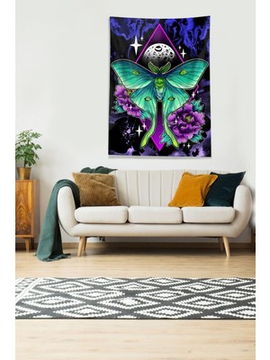 Mediterian Turkuaz-mor kelebek motifli kadife duvar örtüsü, 70x100 cm, dikdörtgen şekil