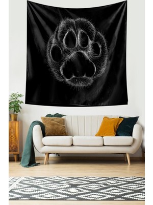 Mediterian Kedi Desenli Siyah Kadife Doku Duvar Halısı, 70x70 cm, Kare Renkli Dekorasyon