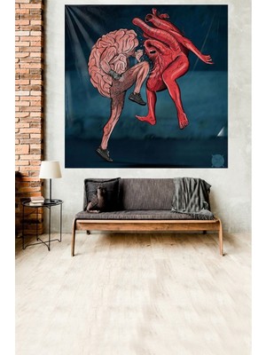 Mediterian Kalp ve beyin desenli, kadife dokulu, duvar halısı, 140x140, lacivert, dikdörtgen