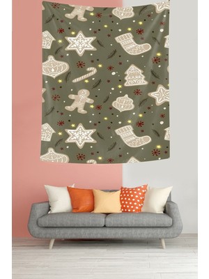 Mediterian Yılbaşı temalı yeşil ve beyaz kardan adam, çam ağacı desenli duvar halısı, 140x230