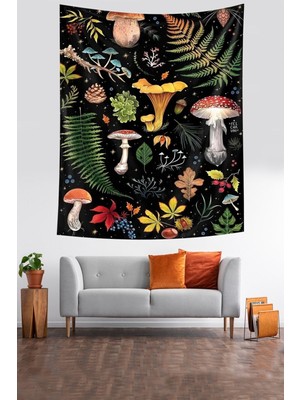 Mediterian Mantar ve eğrelti otlu kare duvar halısı, renkli ve şık tasarım, 140x140 cm