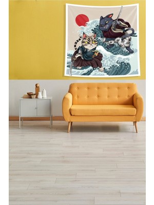 Mediterian Bej Samuray Kediler Desenli Kadife Duvar Örtüsü 140x140 Kare