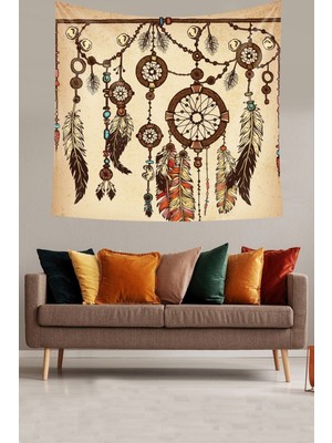 Mediterian Kare Bohem Kuş Tüylü Kadife Doku Duvar Örtüsü 140x140 Bej-Kahve