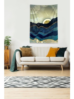 Mediterian Altın-mavi güneş doğuşu duvar halısı, leke tutmaz kadife, dikdörtgen, 100x140 cm