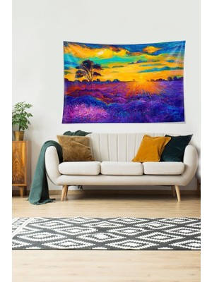 Mediterian Mor ve turuncu, manzaralı, kadife dokulu, dikdörtgen duvar örtüsü 140x230