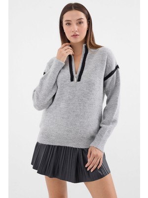 15888 Fermuarlı Oversize Kazak - Gri