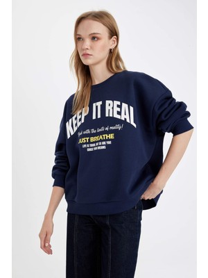 DeFacto Oversize Geniş Kalıp Bisiklet Yaka Baskılı Kalın Sweatshirt D5186AX24AU