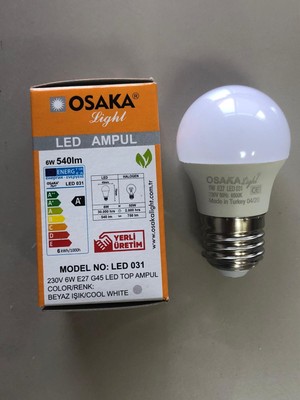 Osaka 5 Adet Osaka 6W=50W=540 Lümen E 27 Top Ampül 6500K Beyaz 45 mm x 75 mm