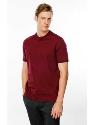 Desen Triko Erkek Sıfır Yaka Basic Pamuklu T-Shirt Bordo