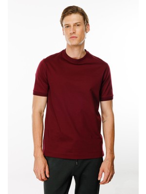 Desen Triko Erkek Sıfır Yaka Basic Pamuklu T-Shirt Bordo