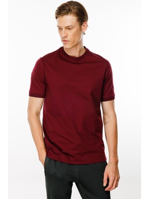 Desen Triko Erkek Sıfır Yaka Basic Pamuklu T-Shirt Bordo