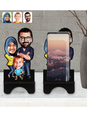 BK Kişiye Özel Tesettürlü Aile Karikatürlü Ahşap Biblo Telefon Standı-1