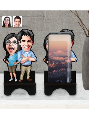 BK Kişiye Özel Sevgililer Karikatürlü Ahşap Biblo Telefon STANDI-101