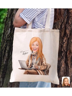 Bk Gift Kişiye Özel Kadın Karikatürlü Kanvas Bez Plaj Çantası Baskılı Omuz Çantası-21, Alışveriş Çantası, Arkadaşa Hediye