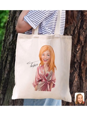 Bk Gift Kişiye Özel Kadın Karikatürlü Kanvas Bez Plaj Çantası Baskılı Omuz Çantası-19, Alışveriş Çantası, Arkadaşa Hediye