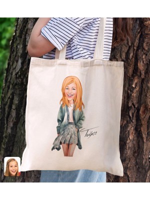 Bk Gift Kişiye Özel Kadın Karikatürlü Kanvas Bez Plaj Çantası Baskılı Omuz Çantası-14, Alışveriş Çantası, Arkadaşa Hediye