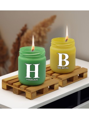 Bk Gift Kişiye Özel Dtf Isimli 2’li Yeşil ve Sarı Renkli Cam Kavanozda Kokulu Mum-2, Arkadaşa Hediye, Sevgiliye Hediye