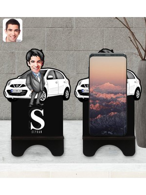 BK Kişiye Özel Plakalı Erkek Nissan Micra Karikatürlü Ahşap Biblo Telefon Standı-1