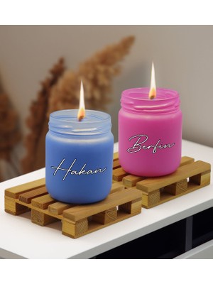 Bk Gift Kişiye Özel Dtf Isimli 2’li Mavi ve Pembe Renkli Cam Kavanozda Kokulu Mum-1, Arkadaşa Hediye, Sevgiliye Hediye