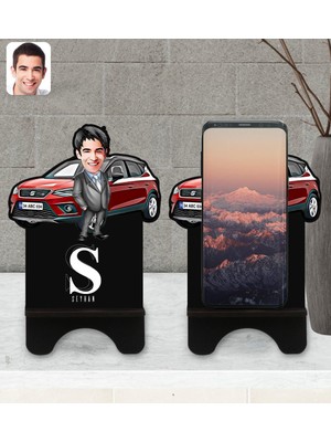 BK Kişiye Özel Plakalı Erkek Seat Ateca Karikatürlü Ahşap Biblo Telefon Standı-1