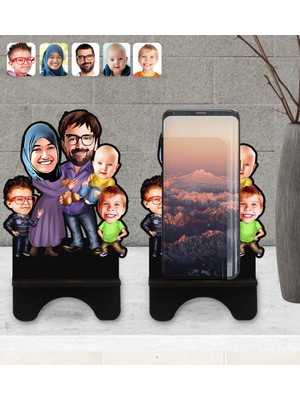BK Kişiye Özel Aile Karikatürlü Ahşap Biblo Telefon Standı-8