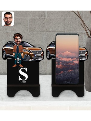 BK Kişiye Özel Plakalı Erkek Peugeot 3008 Karikatürlü Ahşap Biblo Telefon Standı-2