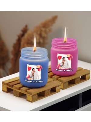 Bk Gift Kişiye Özel Dtf Isimli Fotoğraflı 2’li Mavi ve Pembe Renkli Cam Kavanozda Kokulu Mum-1, Arkadaşa Hediye, Sevgiliye Hediye